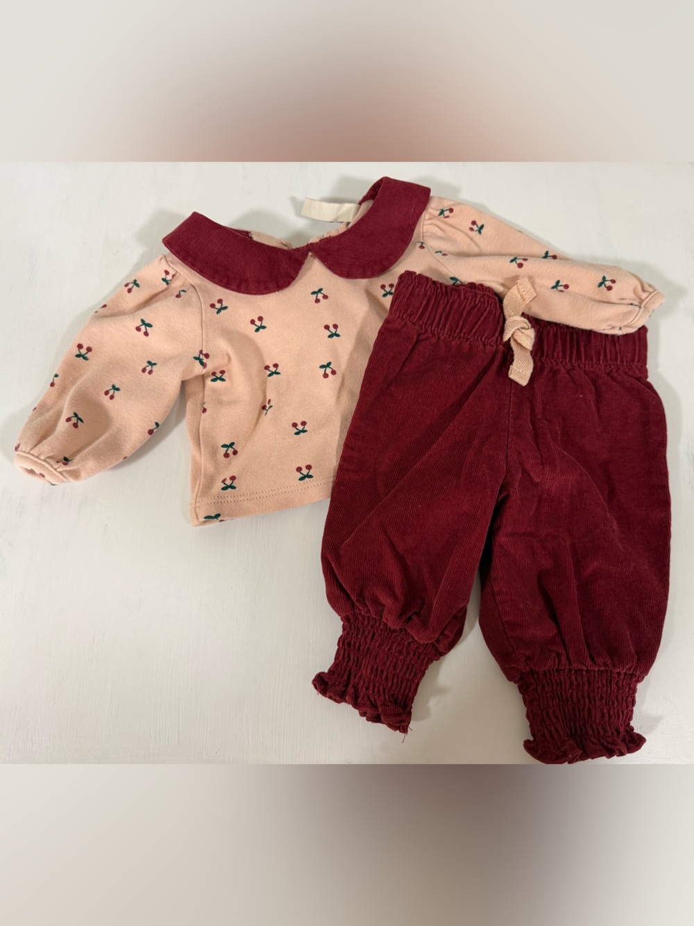 Pink Cherry Collared Top with Burgundy Pants